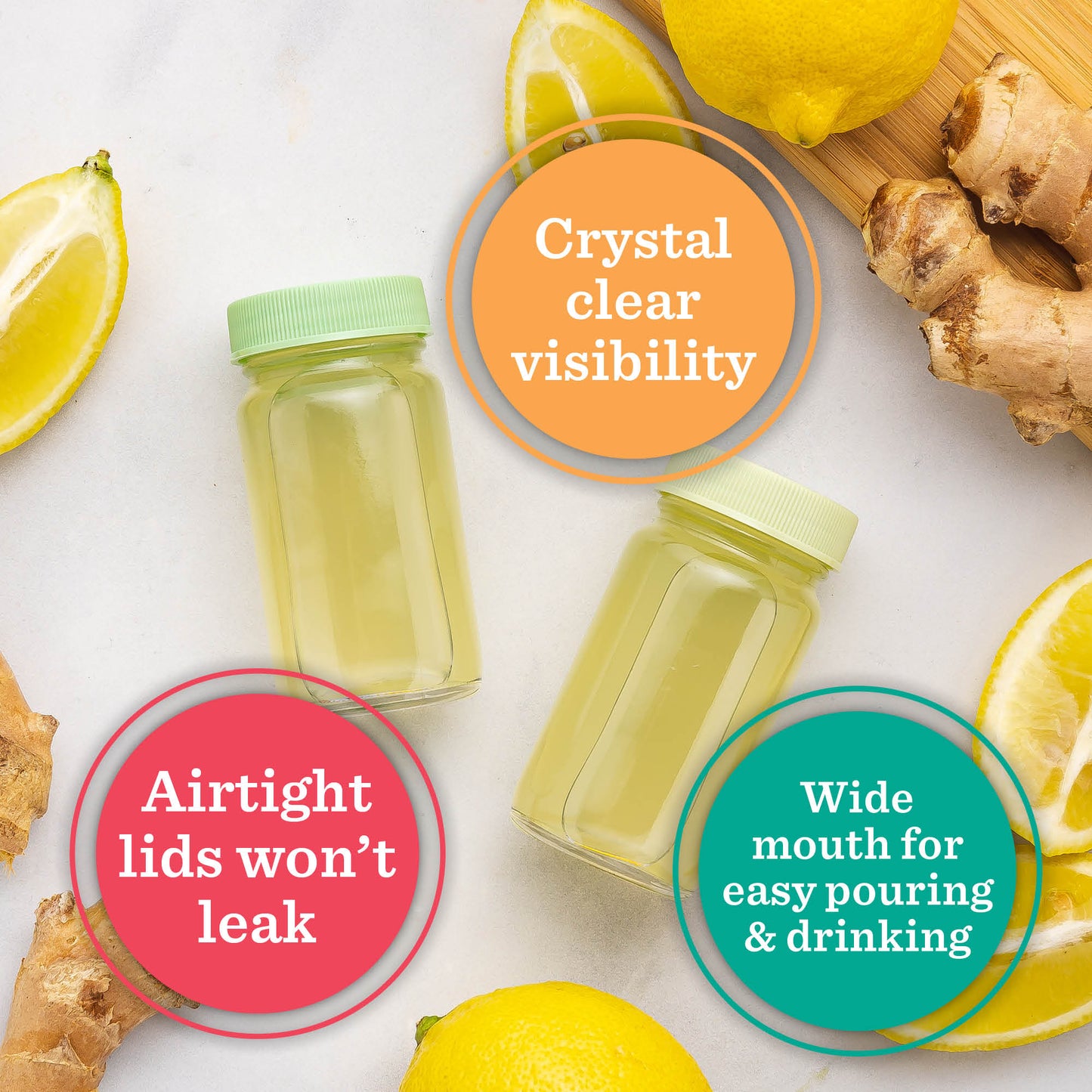 Glass Juice Shot Bottles Set w/ Colored Lids & Grip Bands, 8 Pack Set, 2oz