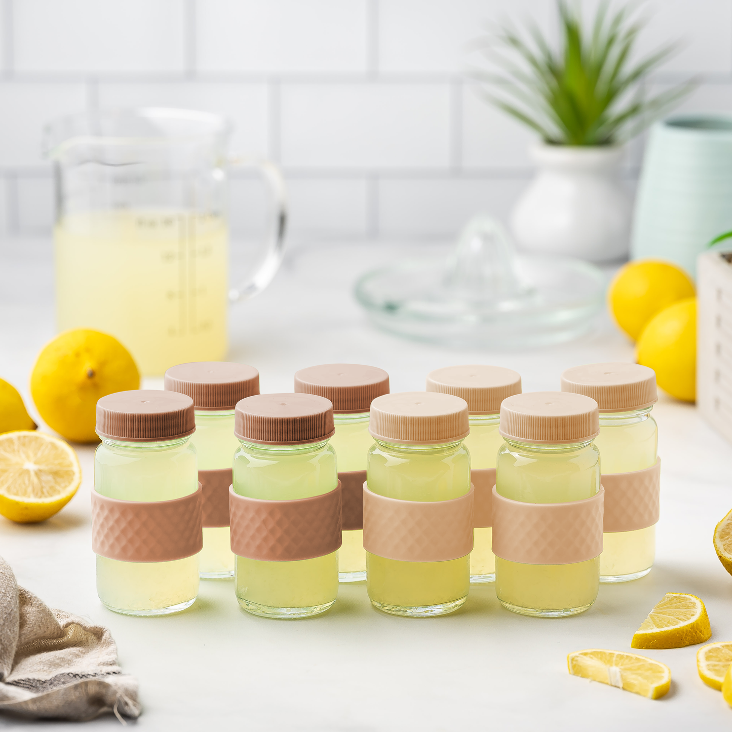 Glass Juice Shot Bottles Set w/ Colored Lids & Grip Bands, 8 Pack Set, 2oz