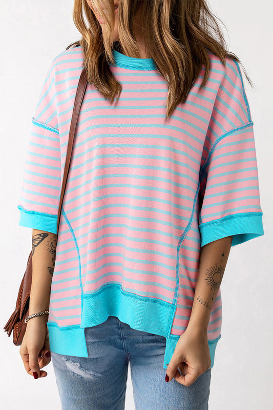 Adley Stripe Oversized Exposed Seam High Low Top - Concordia Style Boutique