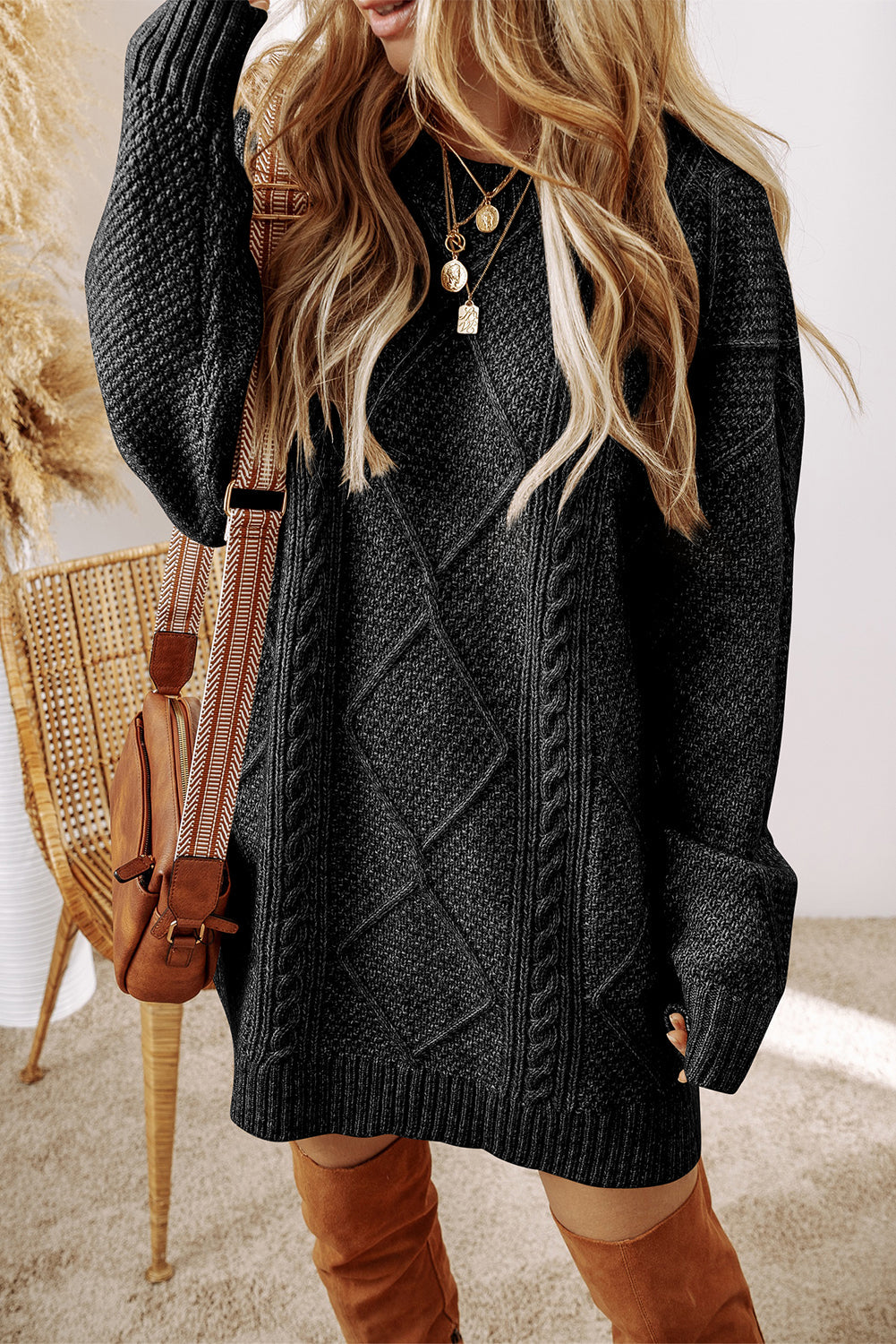 Cable Knit Sweater Dress in Black