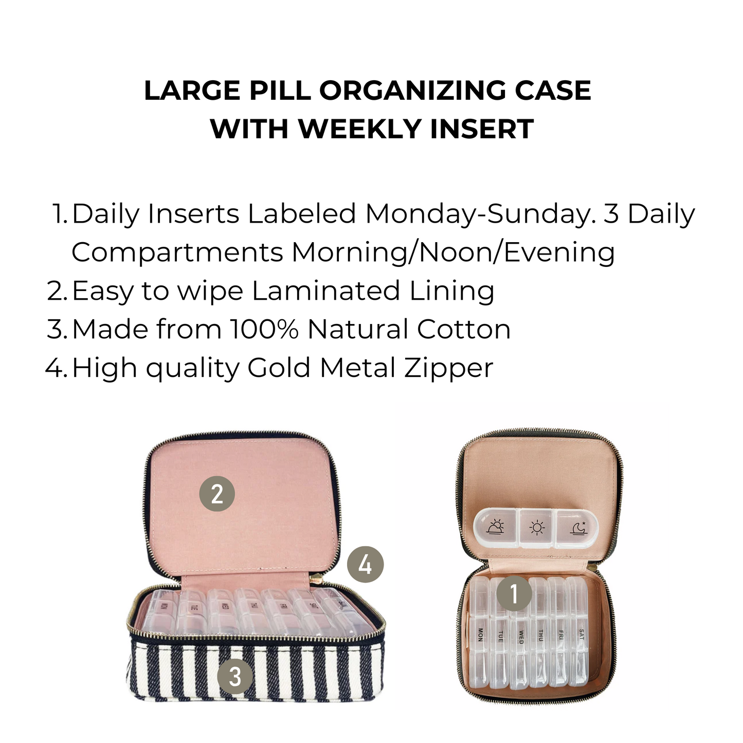 Large Pill Travel Case with Individual Daily Pill Organizer, Striped - Concordia Style Boutique