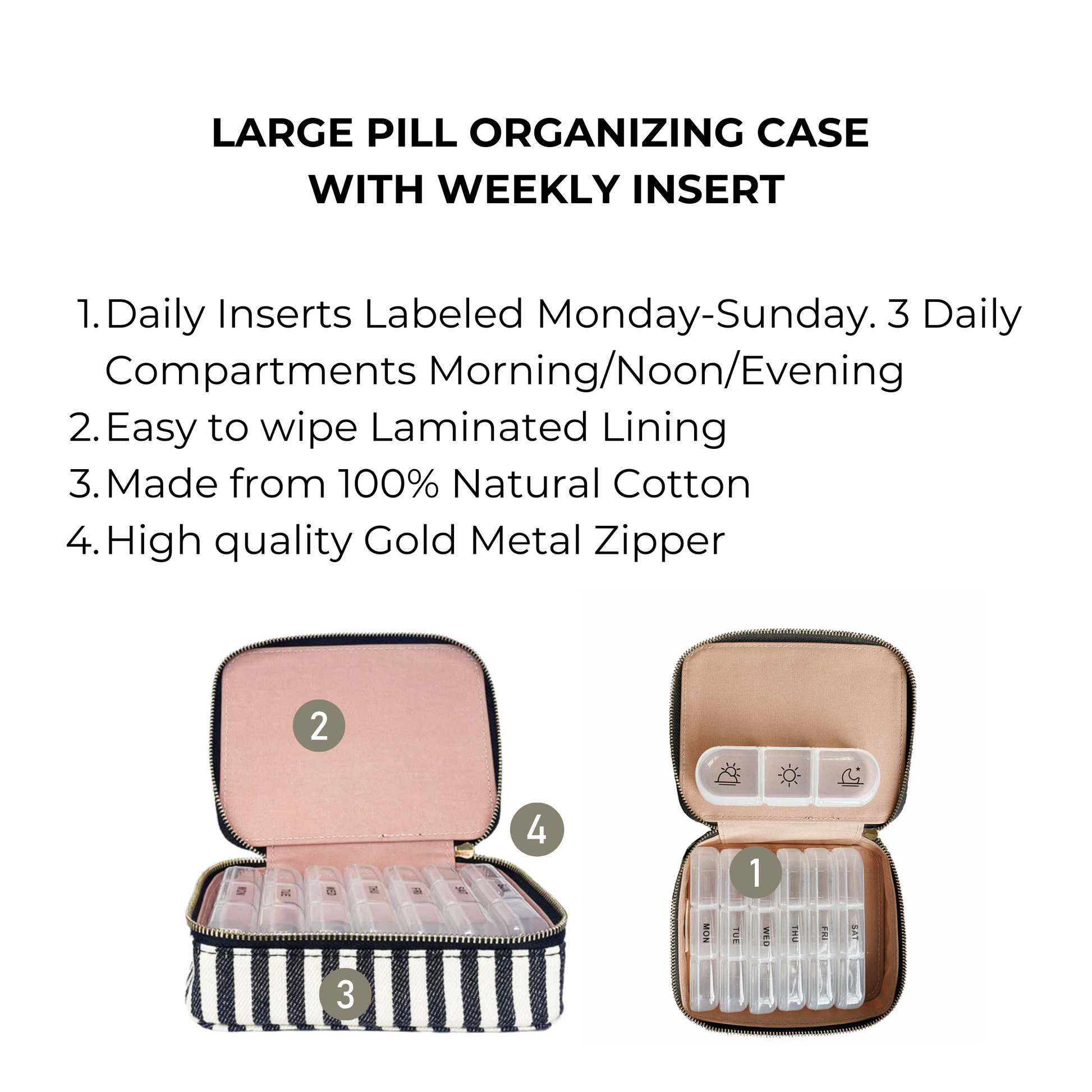 Large Pill Travel Case with Individual Daily Pill Organizer, Striped - Concordia Style Boutique