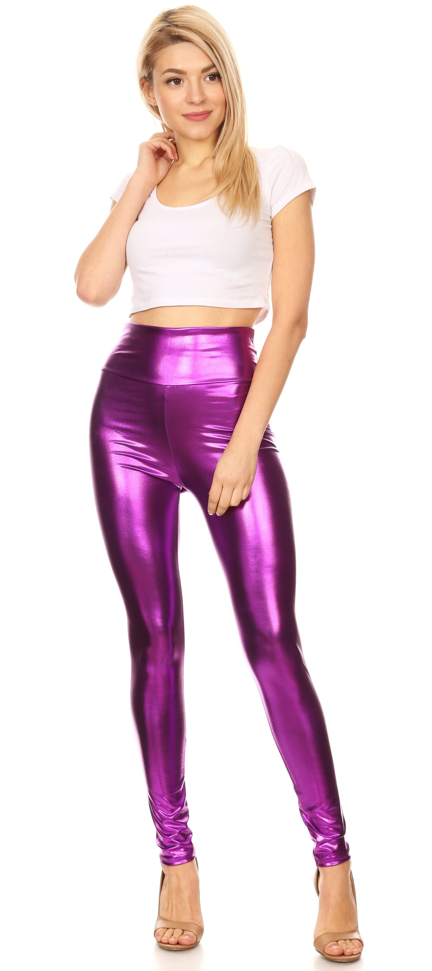 Sakkas Shiny Liquid Metallic High Waist Stretch Leggings - Made in USA - Concordia Style Boutique