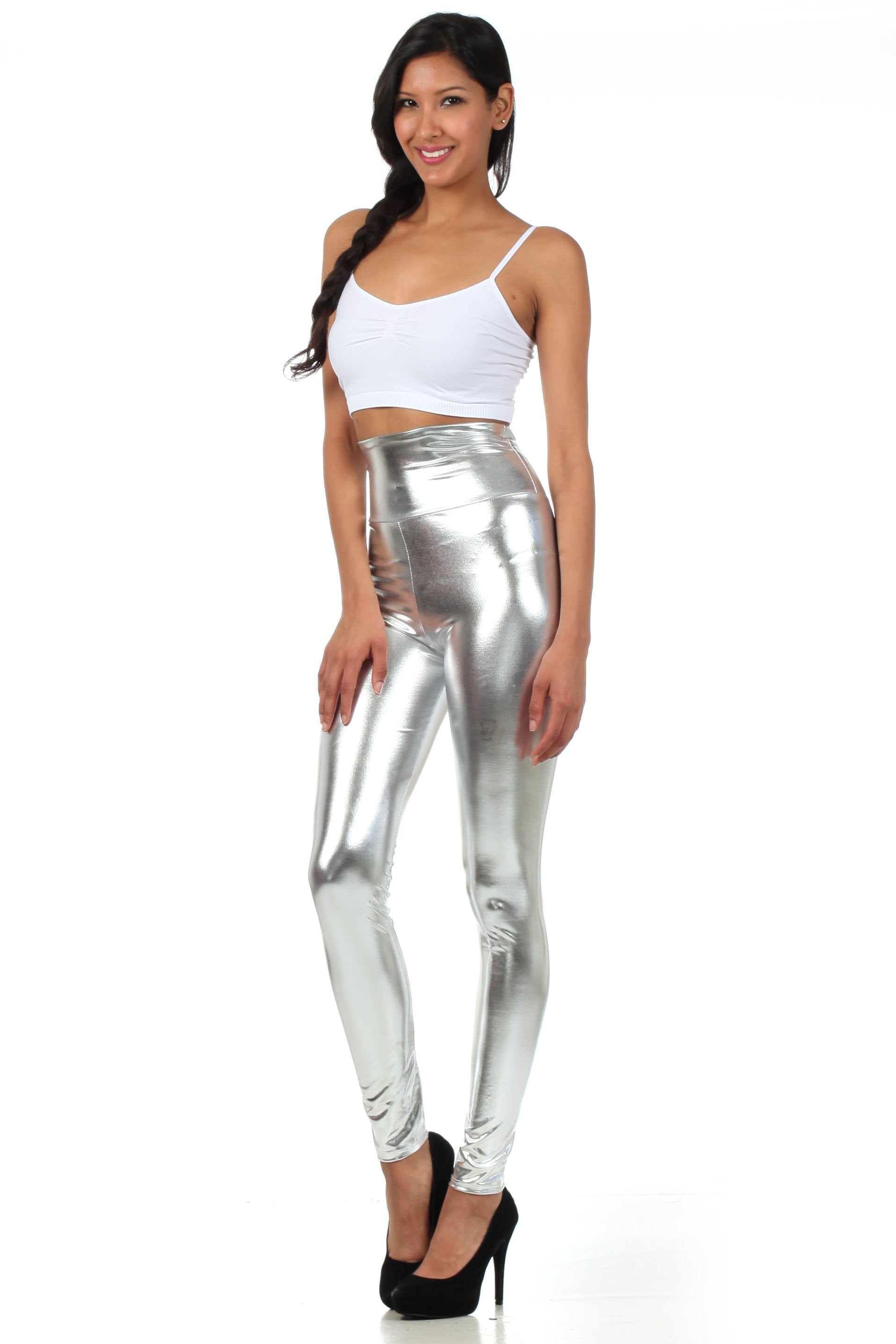 Sakkas Shiny Liquid Metallic High Waist Stretch Leggings - Made in USA - Concordia Style Boutique