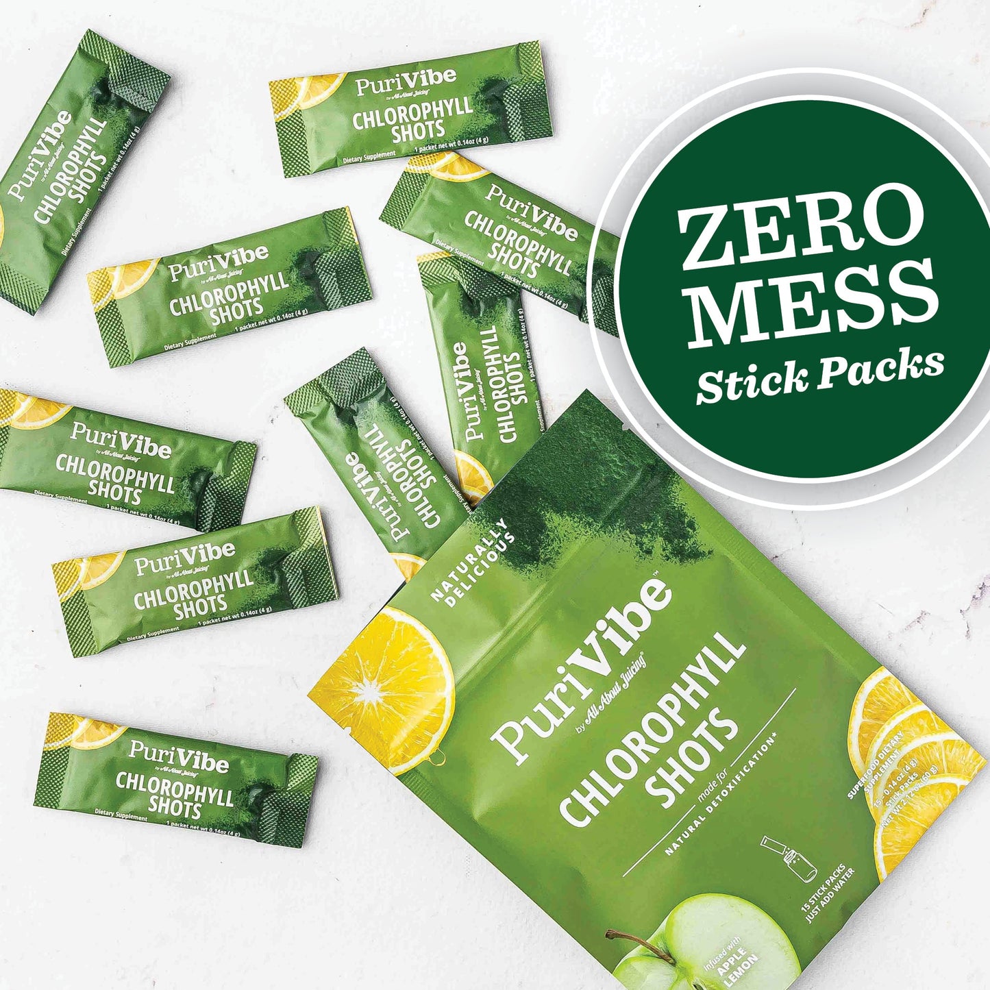 PuriVibe Chlorophyll & Lemon Juice Shots - Wellness Shot, Superfood Supplement Powder - Green Juice - Supports Detox & Gut Health