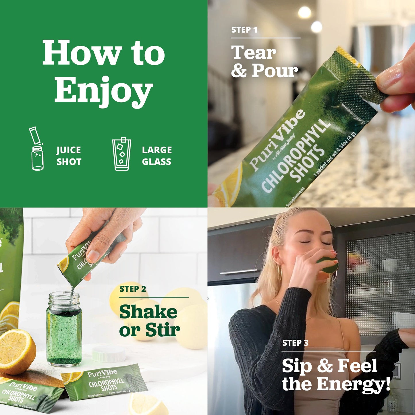 PuriVibe Chlorophyll & Lemon Juice Shots - Wellness Shot, Superfood Supplement Powder - Green Juice - Supports Detox & Gut Health