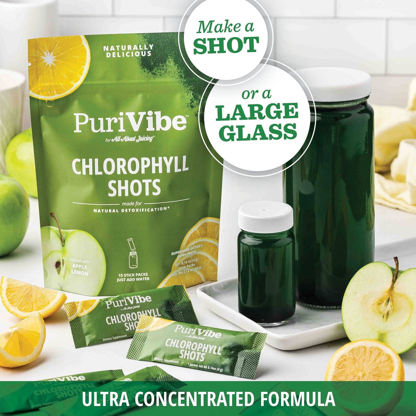 PuriVibe Chlorophyll & Lemon Juice Shots - Wellness Shot, Superfood Supplement Powder - Green Juice - Supports Detox & Gut Health