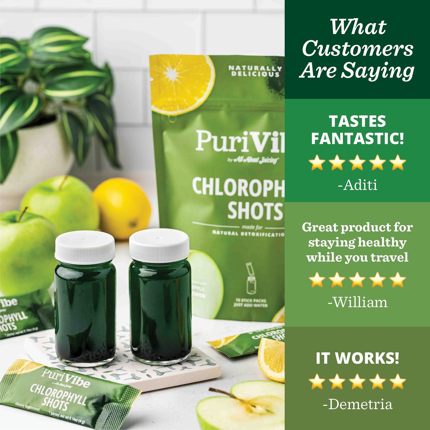 PuriVibe Chlorophyll & Lemon Juice Shots - Wellness Shot, Superfood Supplement Powder - Green Juice - Supports Detox & Gut Health