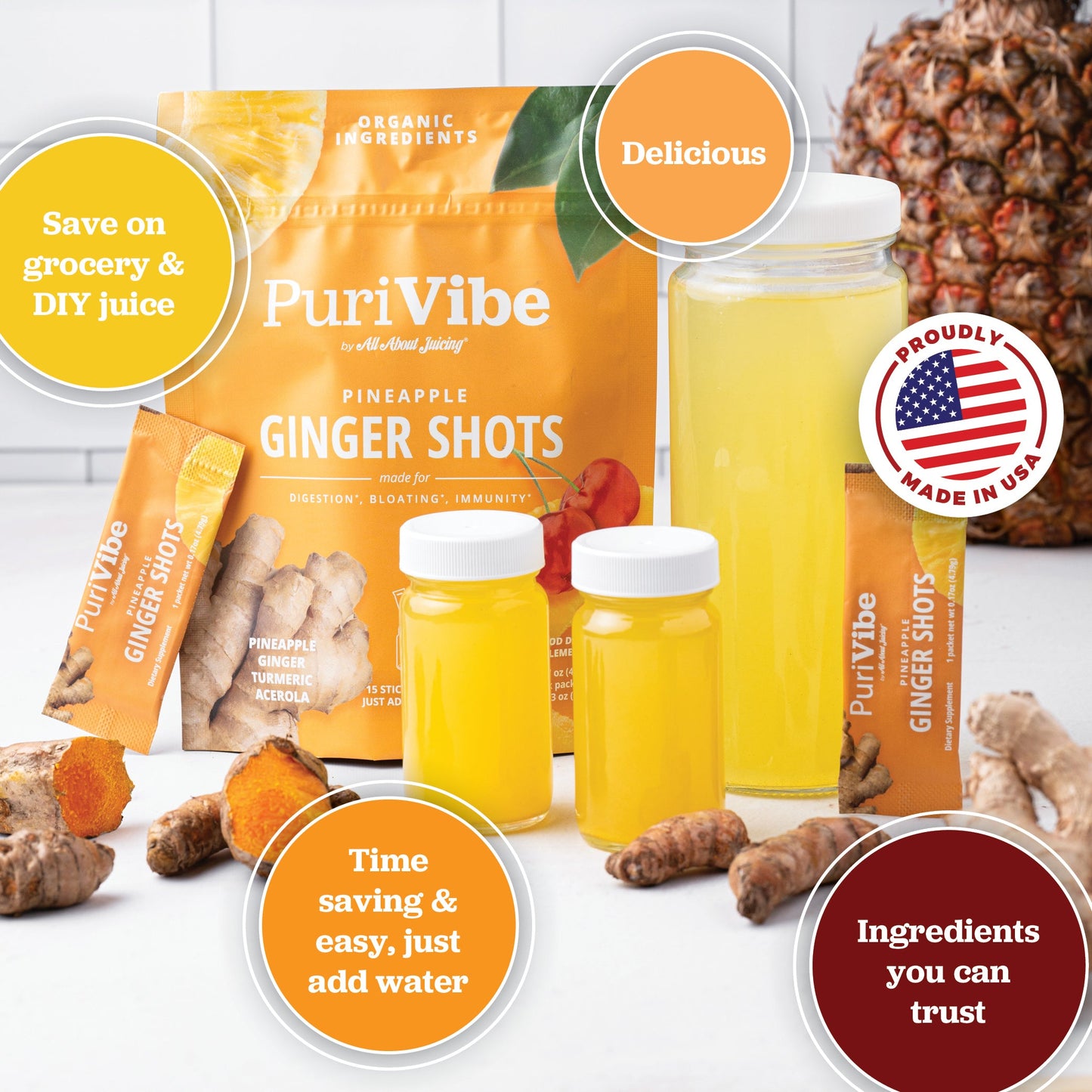 PuriVibe Pineapple Ginger Shot - Superfood Juice Powder, Wellness Shots Supplement - Supports Immunity & Digestion - Stick Packs