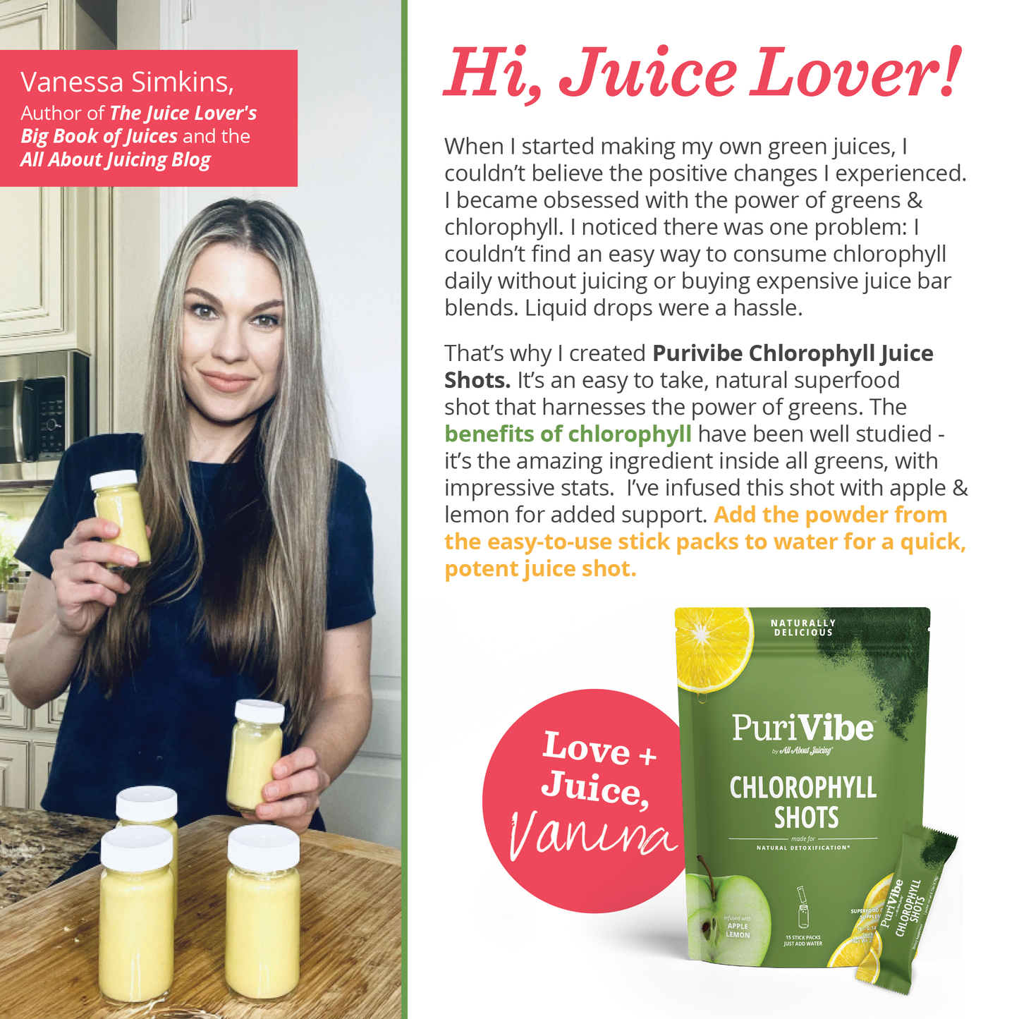 PuriVibe Chlorophyll & Lemon Juice Shots - Wellness Shot, Superfood Supplement Powder - Green Juice - Supports Detox & Gut Health