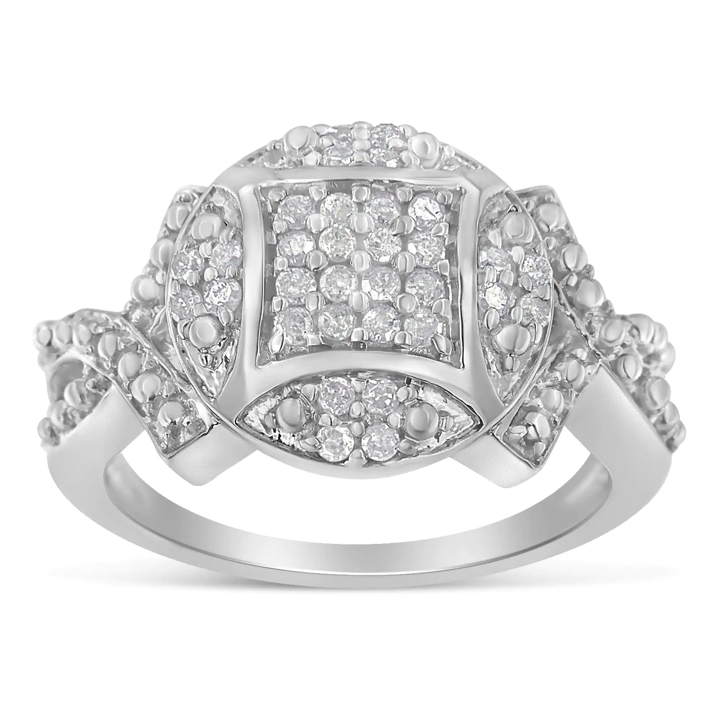 .925 Sterling Silver 1/3 Cttw Diamond Square-in-Circle Composite Cluster Ribbon Shank Fashion or Cocktail Ring (I-J Color, I3 Clarity) - Concordia Style Boutique