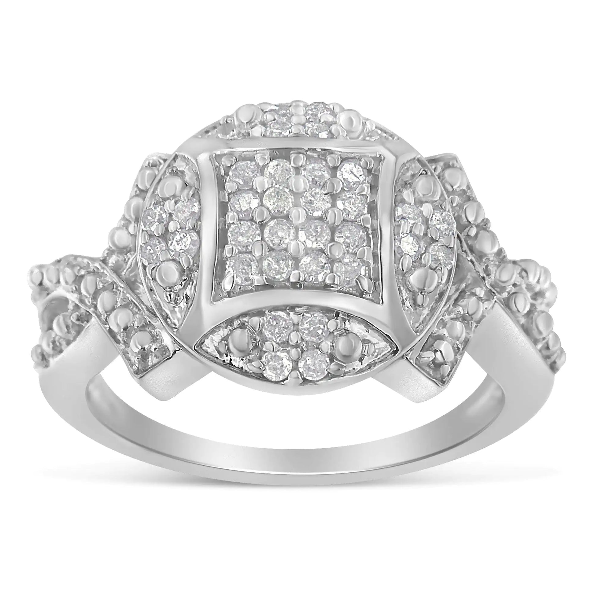 .925 Sterling Silver 1/3 Cttw Diamond Square-in-Circle Composite Cluster Ribbon Shank Fashion or Cocktail Ring (I-J Color, I3 Clarity) - Concordia Style Boutique