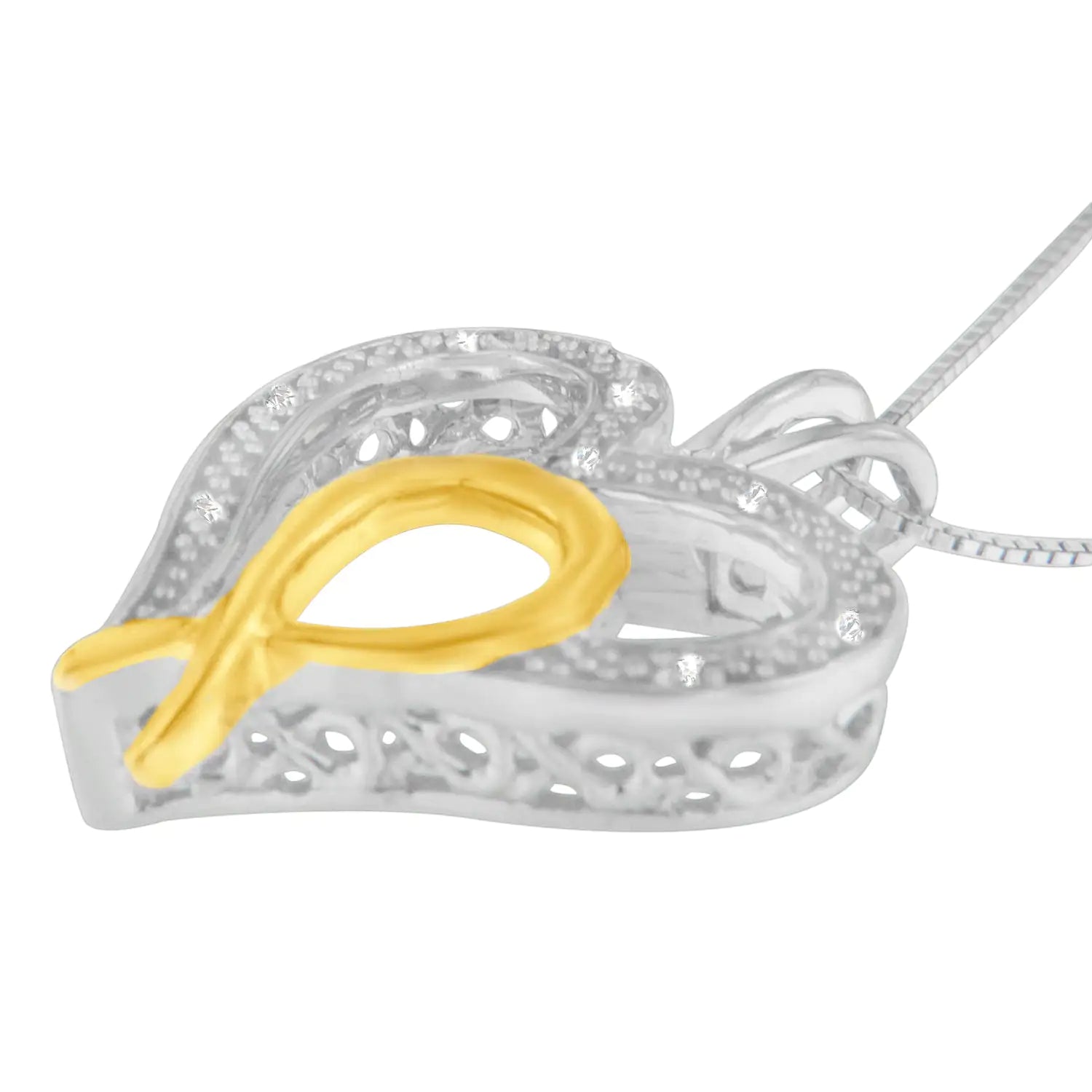 .925 Sterling Silver Two Toned 1/25 cttw Diamond Heart-Ribbon Pendant Necklace (I-J, I2-I3) - Concordia Style Boutique