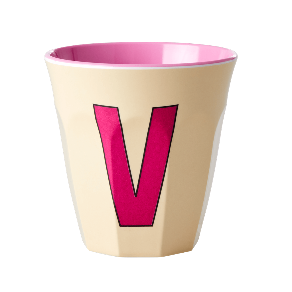 Two Melamine Cups - Medium with Alphabet in Pinkish Colors | Letter V
