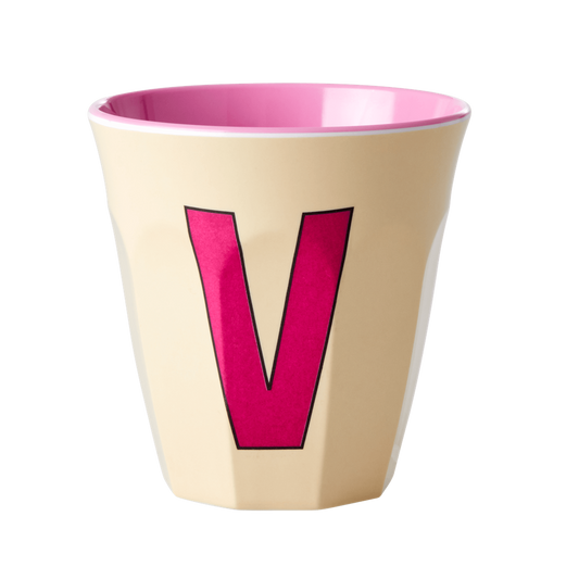 Two Melamine Cups - Medium with Alphabet in Pinkish Colors | Letter V