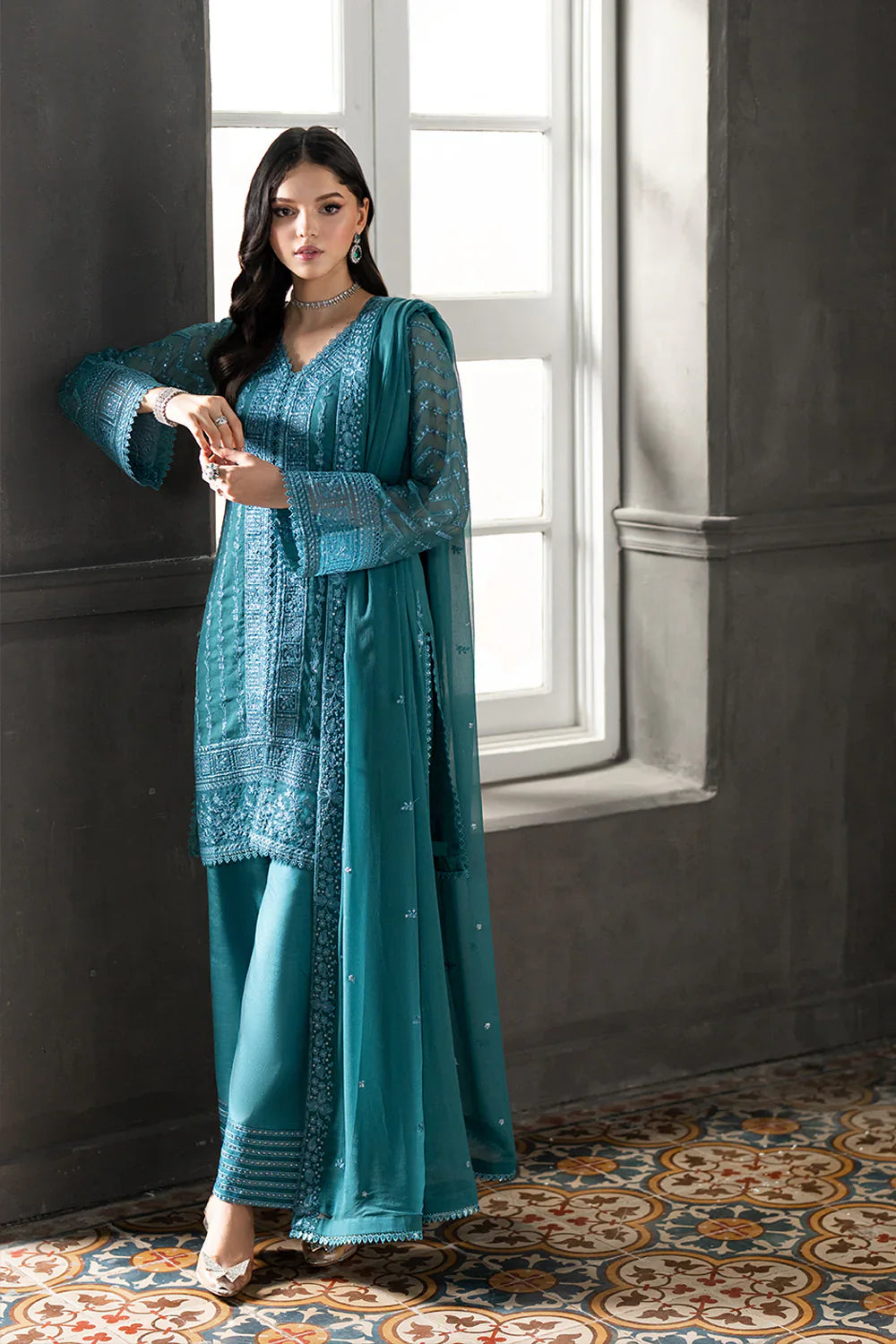 Azure - Minted Sage 3 Piece Embroidered Chiffon