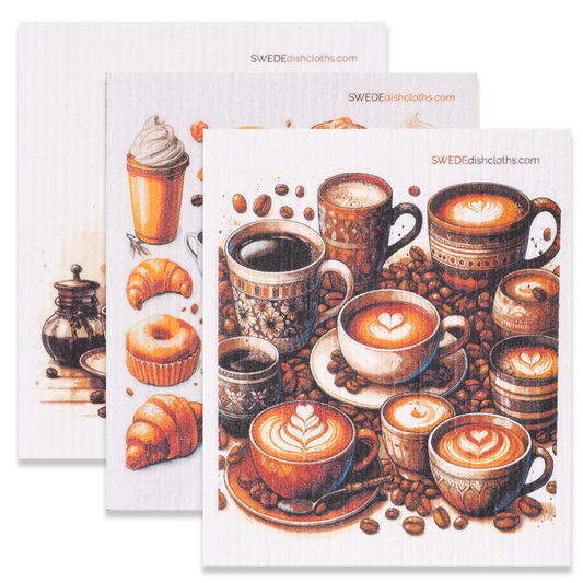 Eco-Friendly Swedish Dishcloths - Mixed New Coffee Set of 3 (Paper Towel Replacements, One of Each Design) - Concordia Style Boutique