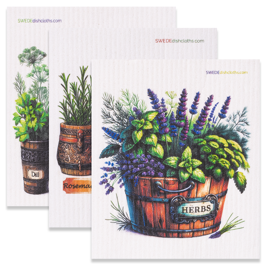 Eco-Friendly Swedish Dishcloths - Mixed Herbs Set of 3 (Paper Towel Replacements, One of Each Design) - Concordia Style Boutique