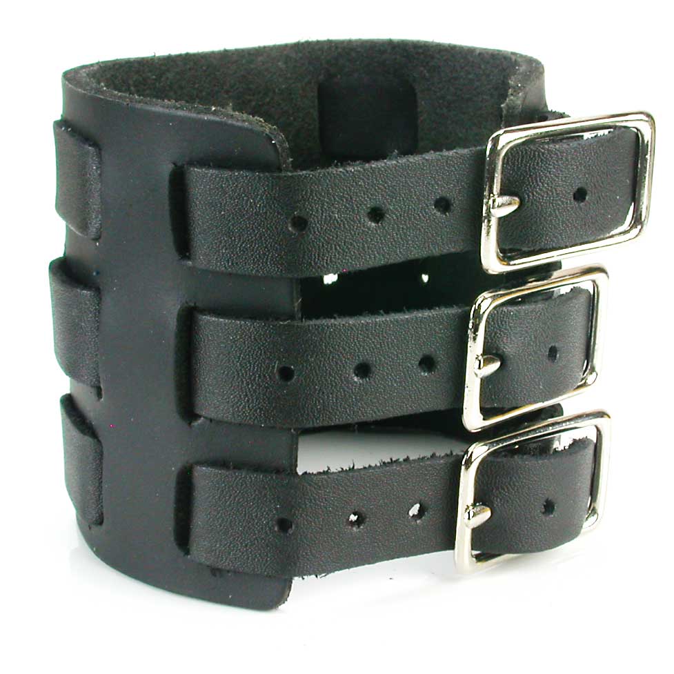 Three Strap Leather Wrist Cuff Watchband - Black