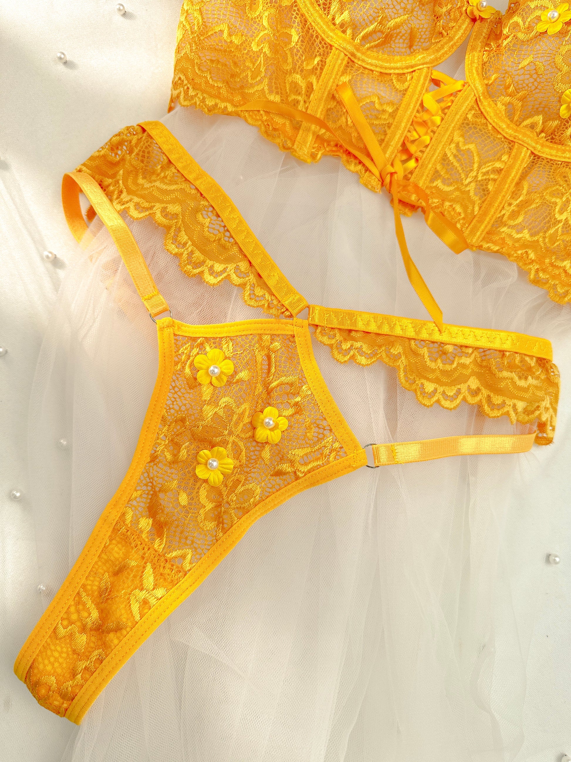 Yellow Pearls Small Flower Lace Lingerie Set - Concordia Style Boutique