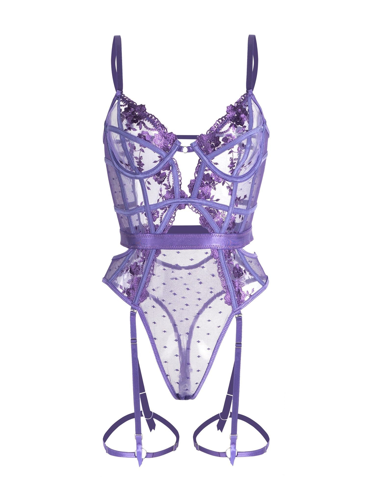 Purple Solid Elegant Embroidered Lace Bodysuit - Concordia Style Boutique