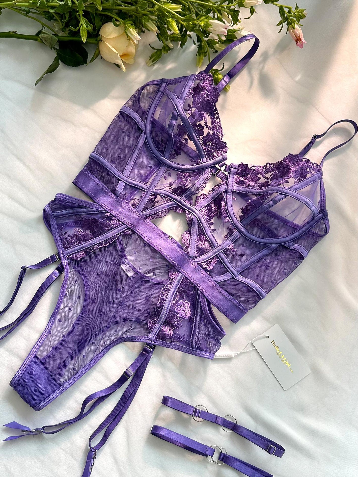 Purple Solid Elegant Embroidered Lace Bodysuit - Concordia Style Boutique