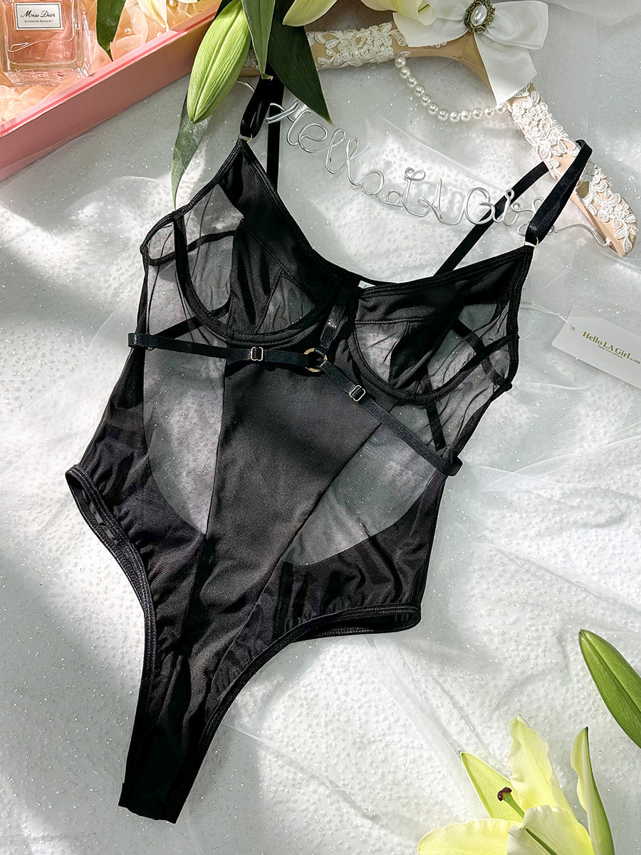 Black Stitching Hollow Halter Neck Sexy Backless Bodysuit - Concordia Style Boutique