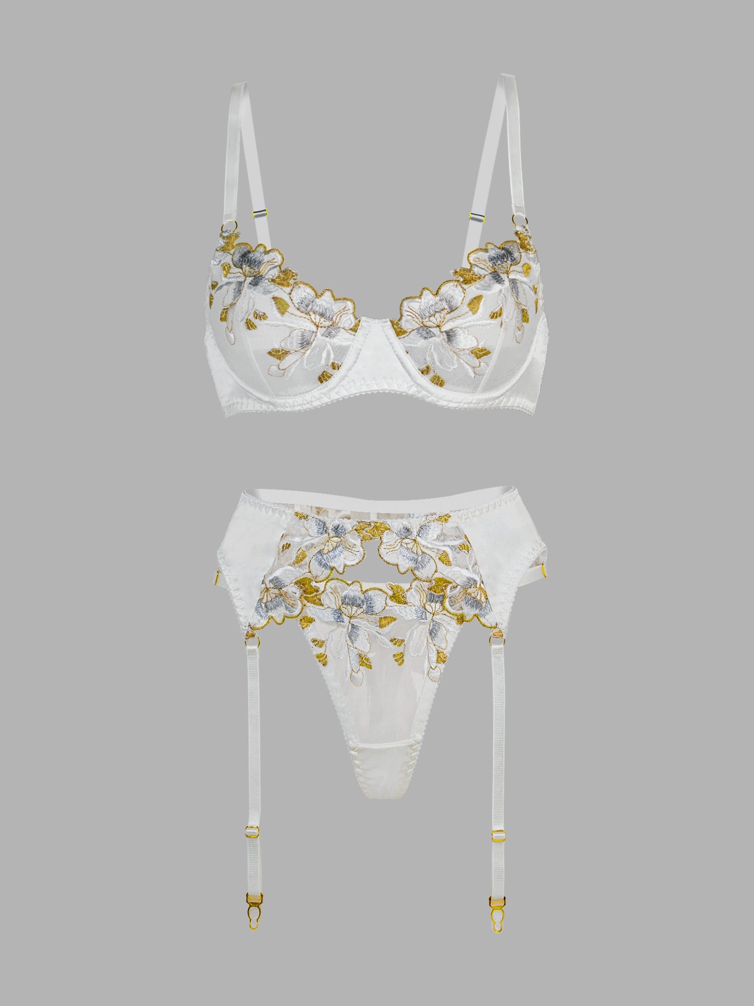 White &Gold Thread Embroidered Lingerie Set - Concordia Style Boutique