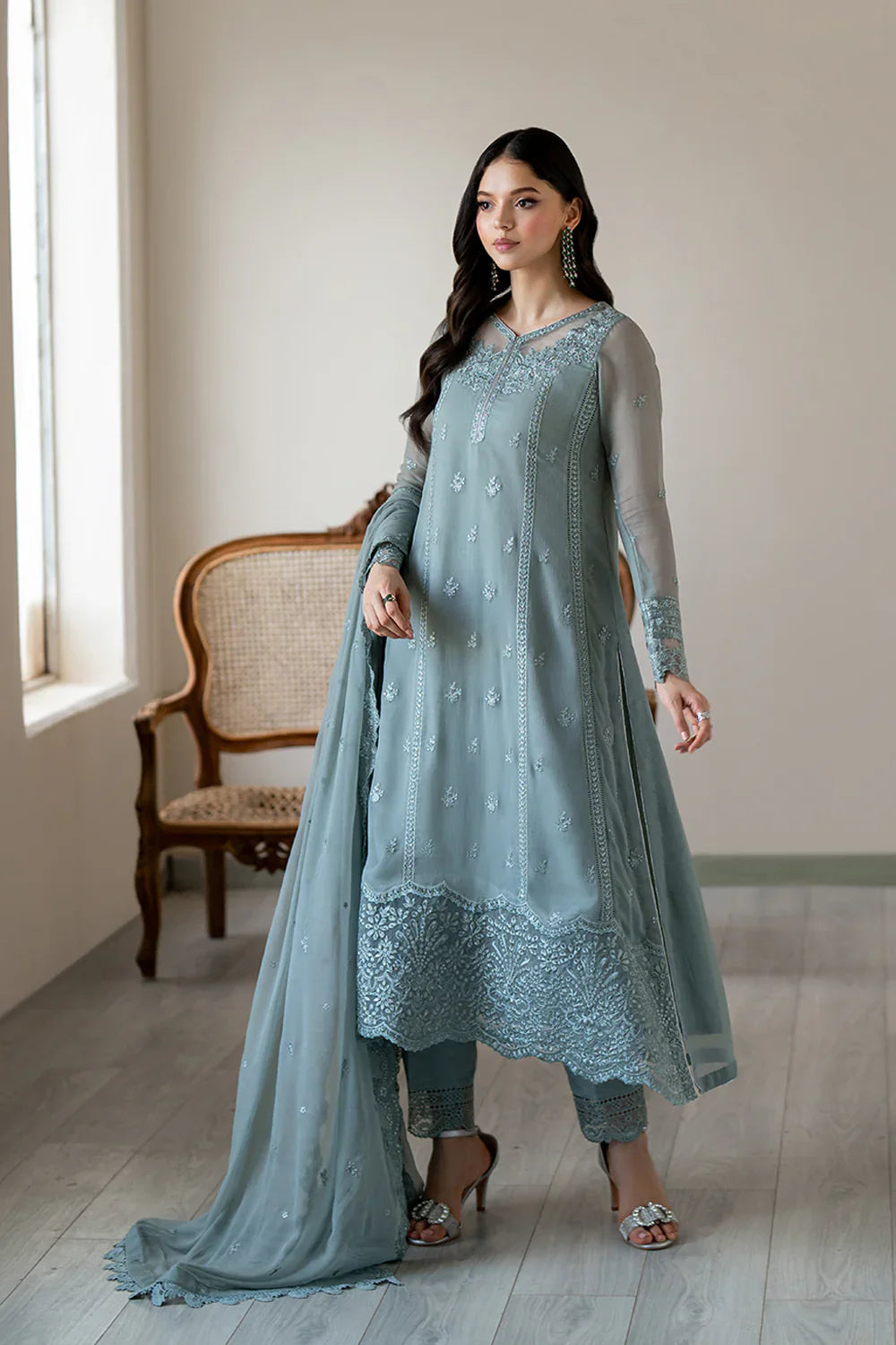 Azure - Moss Whisper 3 Piece Embroidered Chiffon