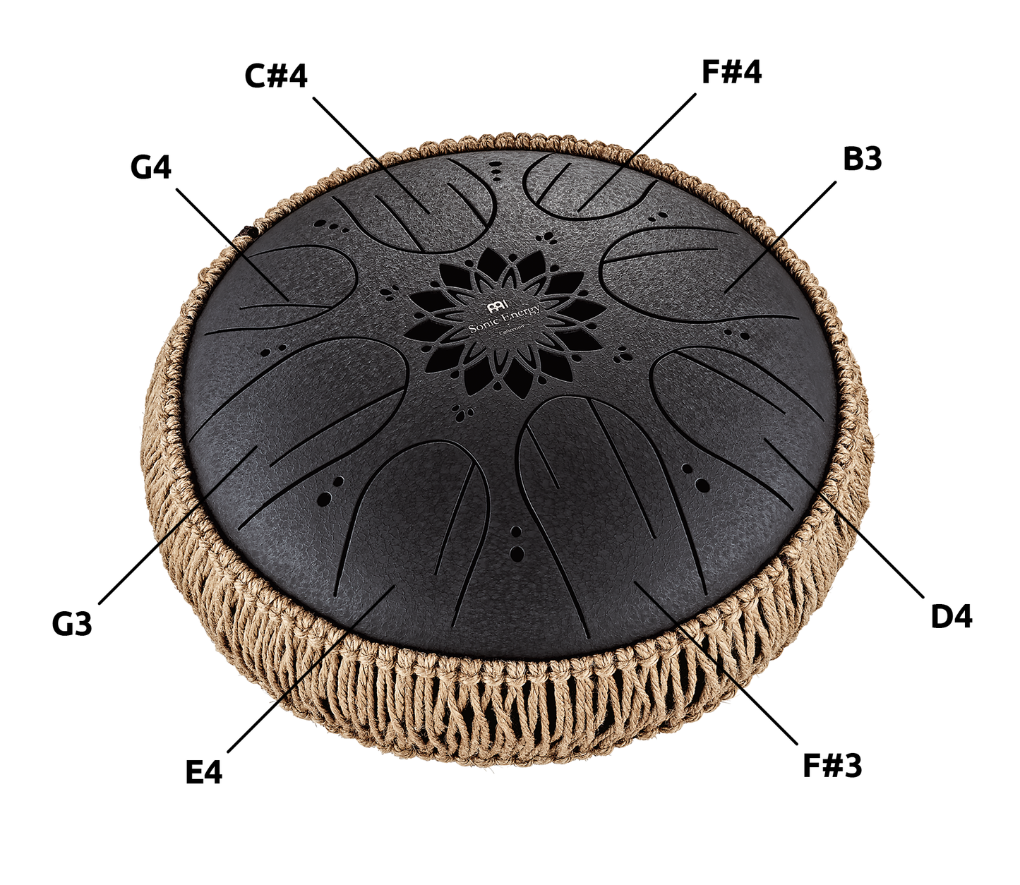 10" Medium Octave Steel Tongue Drum, B Minor, 8 Notes, 432 Hz, Black