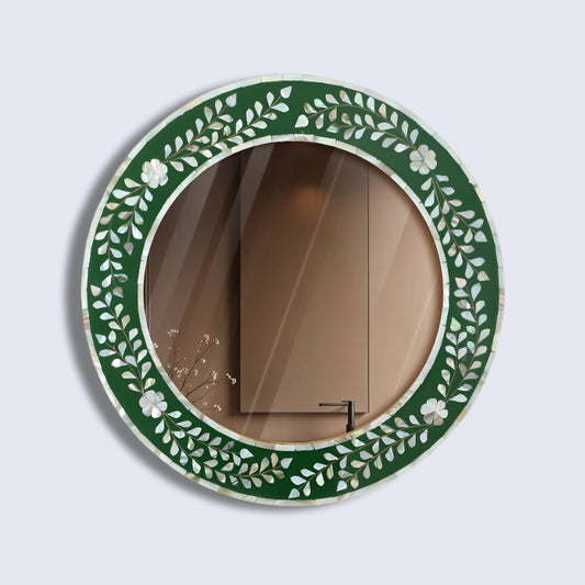 Round Mother of Pearl & Resin Inlay Wall Hanging Green Mirror Frame- 12" Dia