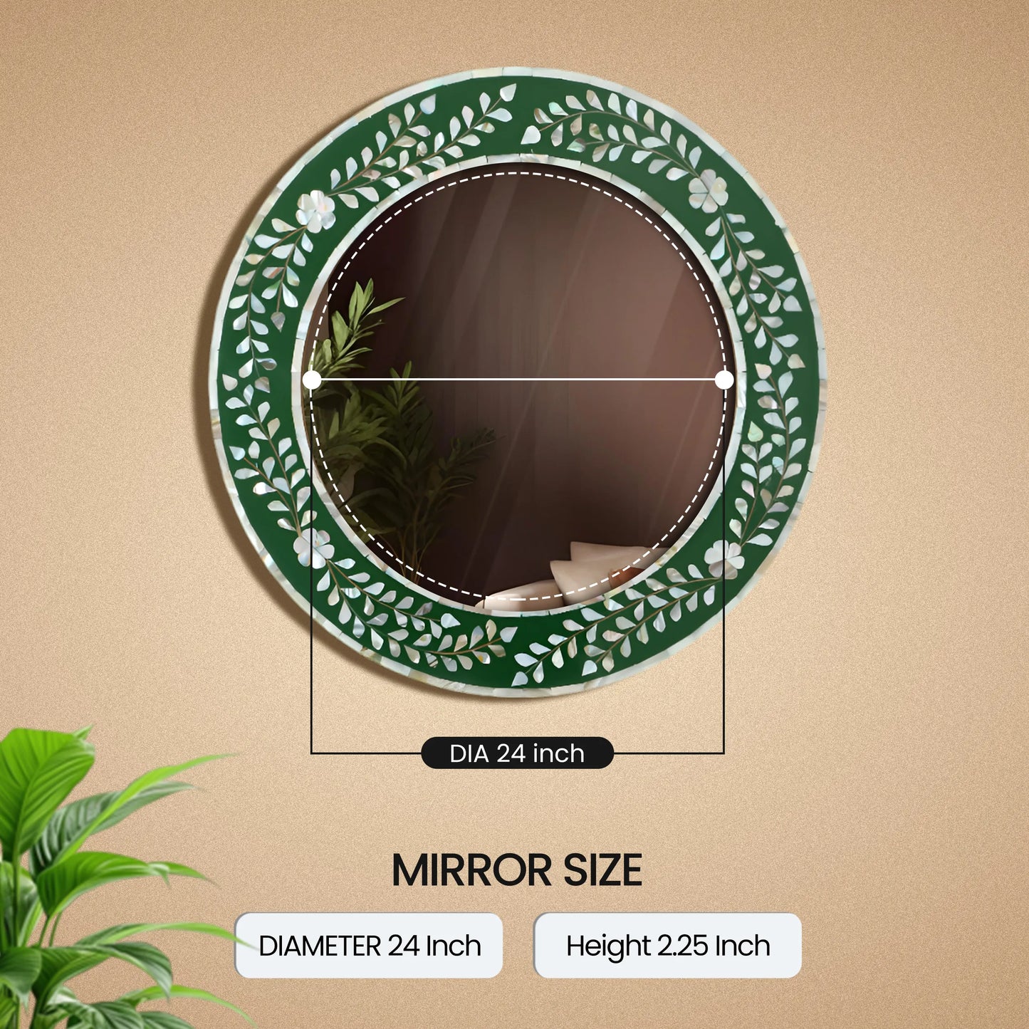 Round Mother of Pearl & Resin Inlay Wall Hanging Green Mirror Frame- 12" Dia