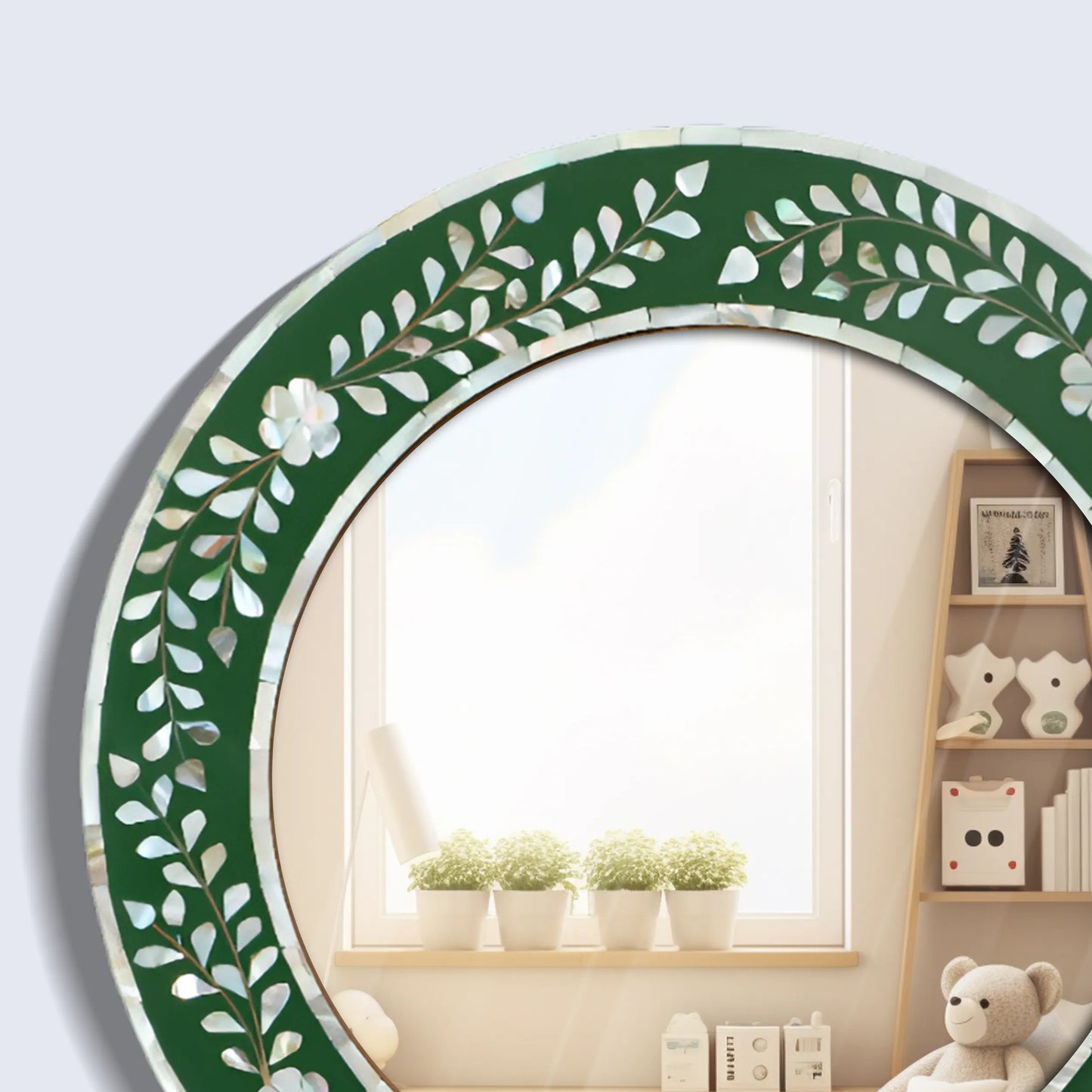 Round Mother of Pearl & Resin Inlay Wall Hanging Green Mirror Frame- 12" Dia