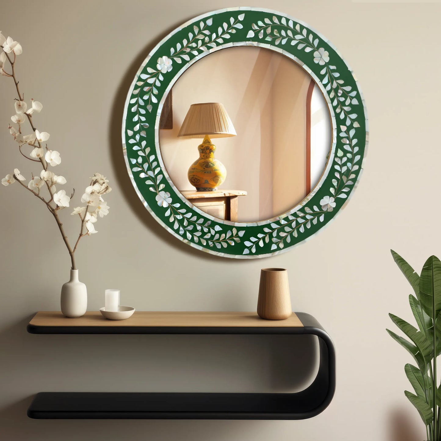 Round Mother of Pearl & Resin Inlay Wall Hanging Green Mirror Frame- 12" Dia