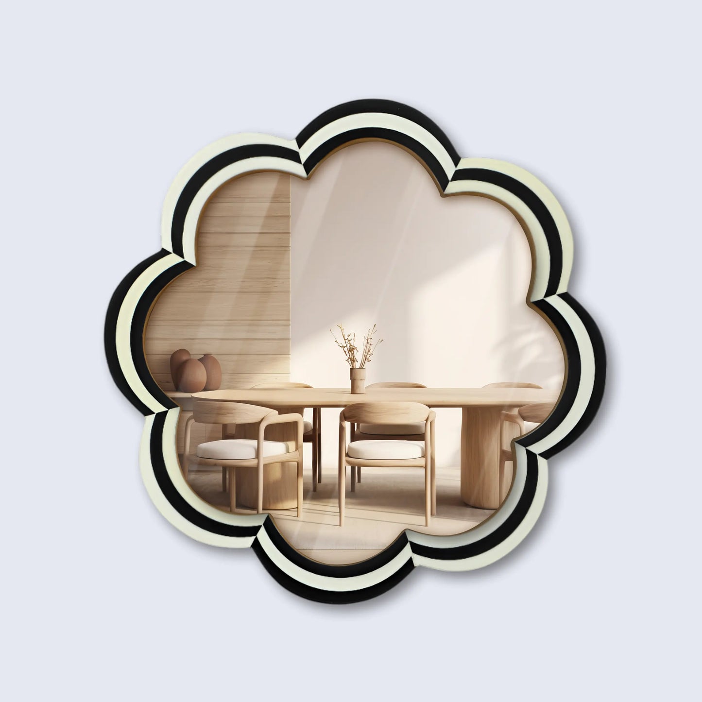 15" Black & White Resin Inlay Round Scalloped Boho Wall Mirror