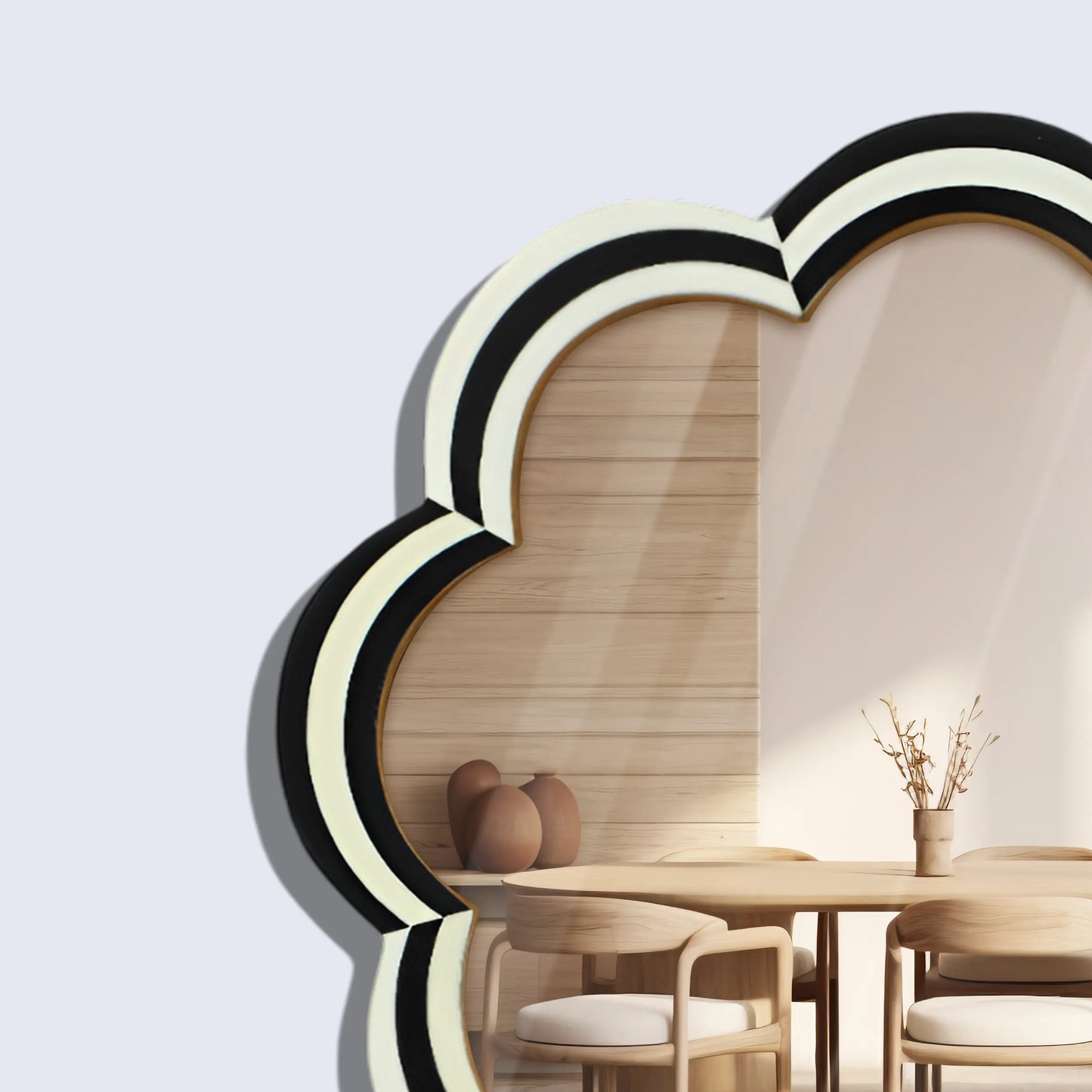 15" Black & White Resin Inlay Round Scalloped Boho Wall Mirror