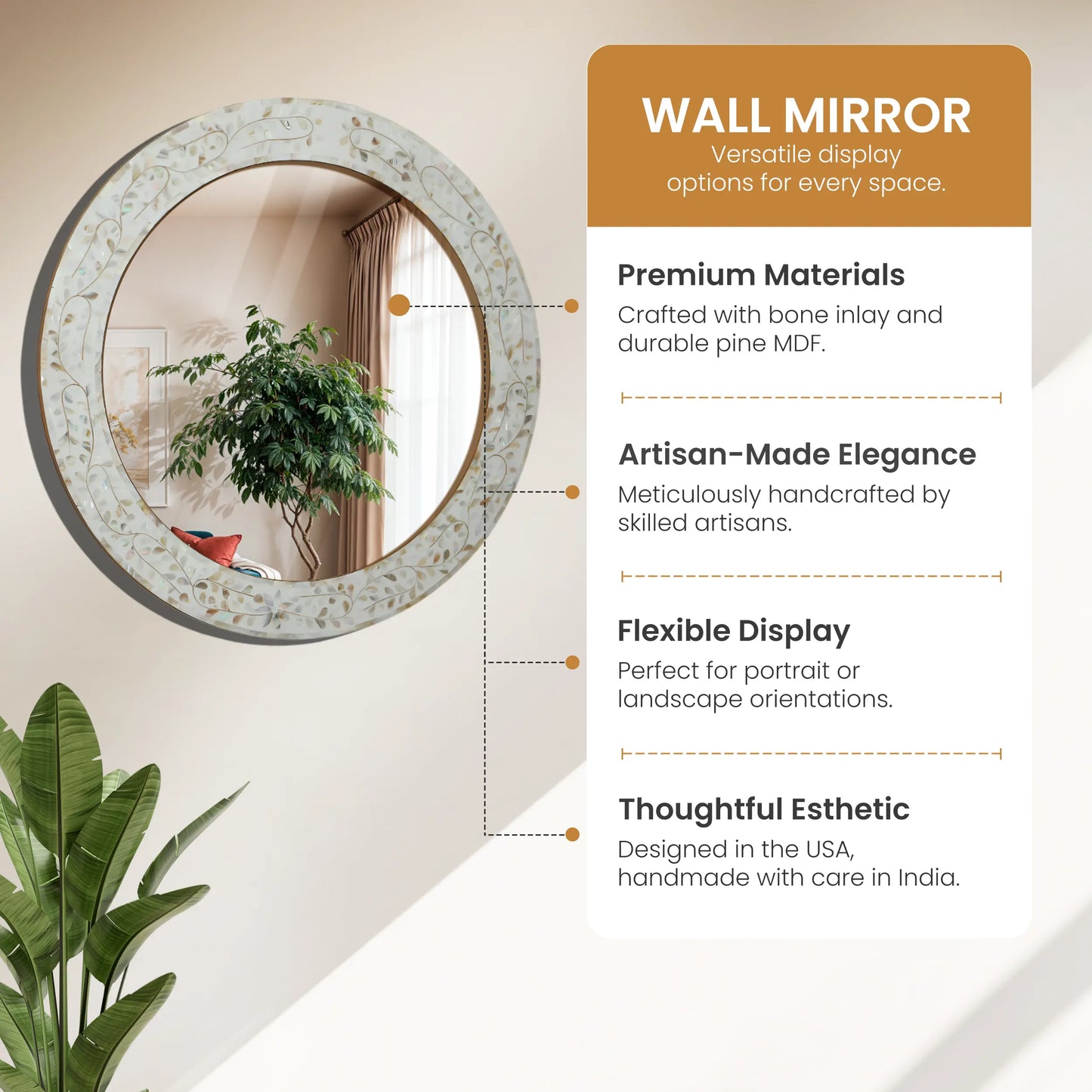 Round Mother of Pearl & Resin Inlay Wall Hanging White Mirror Frame- 22" Dia