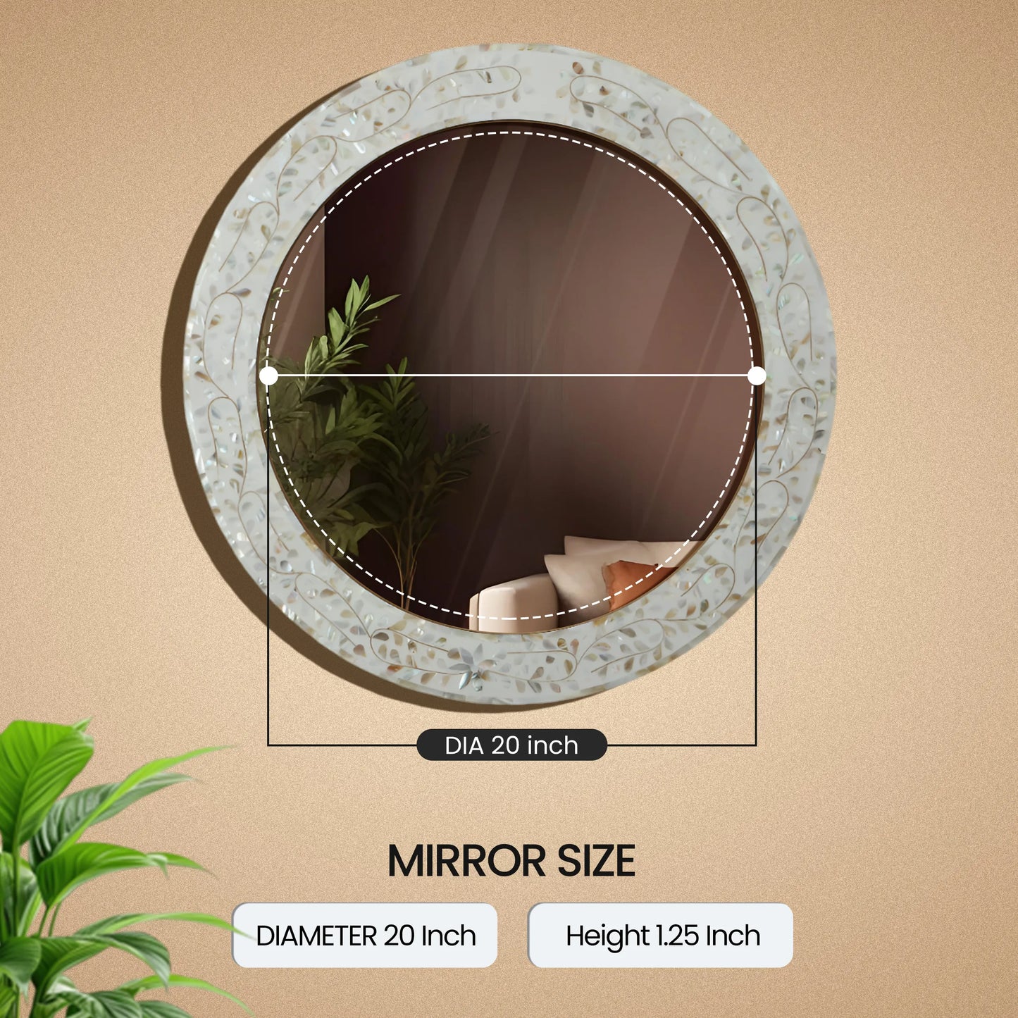 Round Mother of Pearl & Resin Inlay Wall Hanging White Mirror Frame- 22" Dia