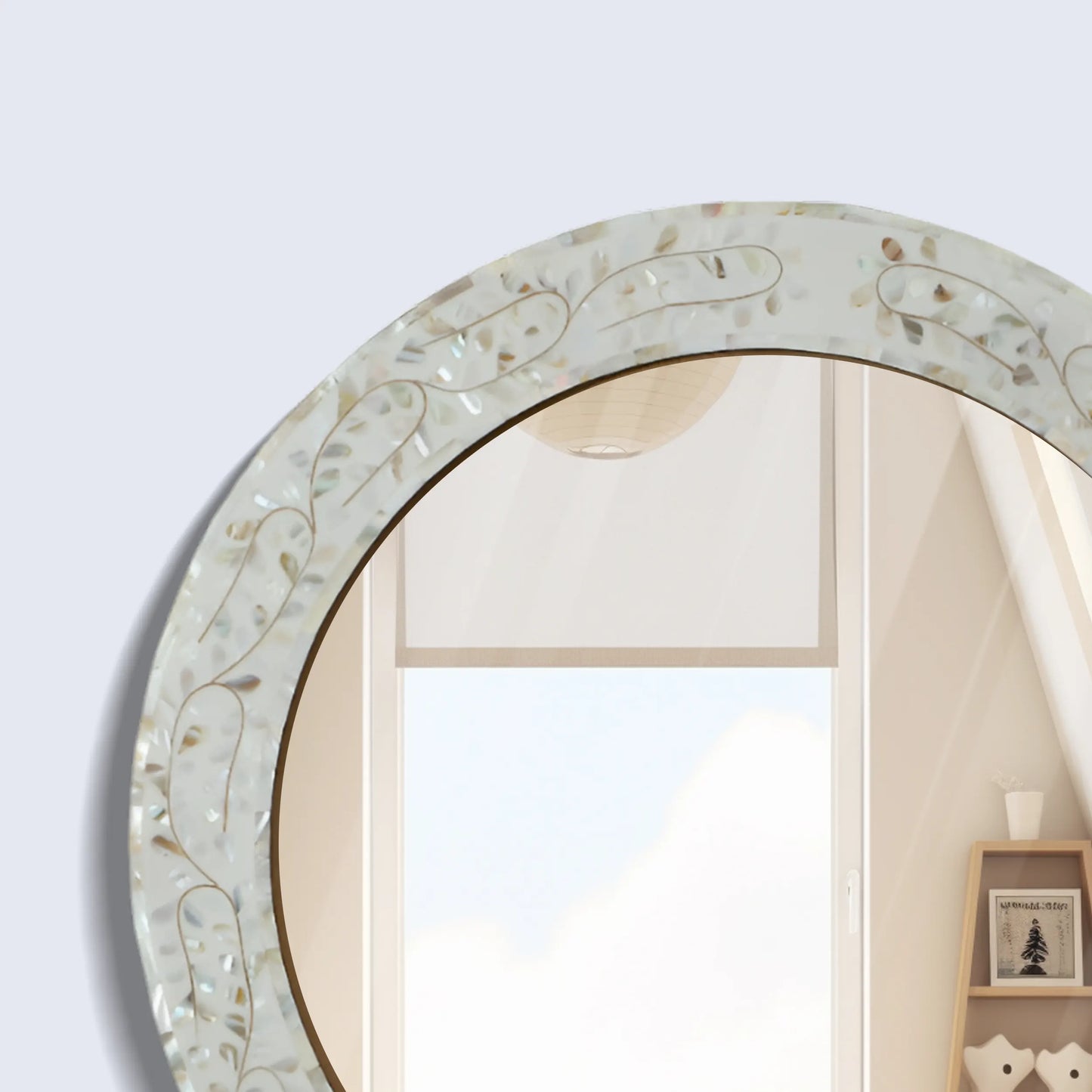 Round Mother of Pearl & Resin Inlay Wall Hanging White Mirror Frame- 22" Dia