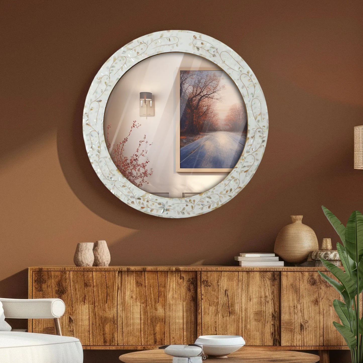 Round Mother of Pearl & Resin Inlay Wall Hanging White Mirror Frame- 22" Dia