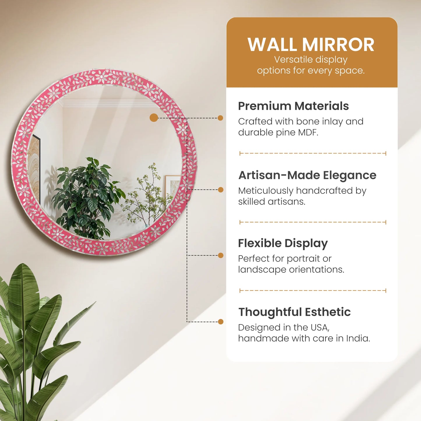 Round Mother of Pearl & Resin Inlay Wall Hanging Pink Mirror Frame- 28" Dia