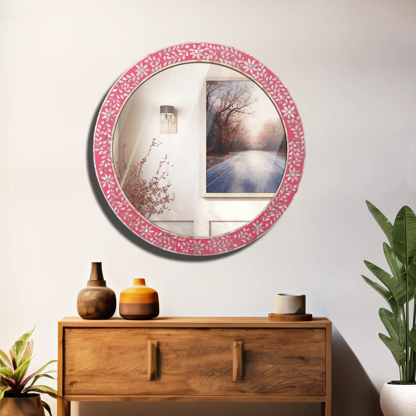Round Mother of Pearl & Resin Inlay Wall Hanging Pink Mirror Frame- 28" Dia