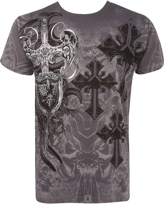 Sakkas Cross, Sword and Shield Metallic Cotton Mens T-Shirt - Concordia Style Boutique