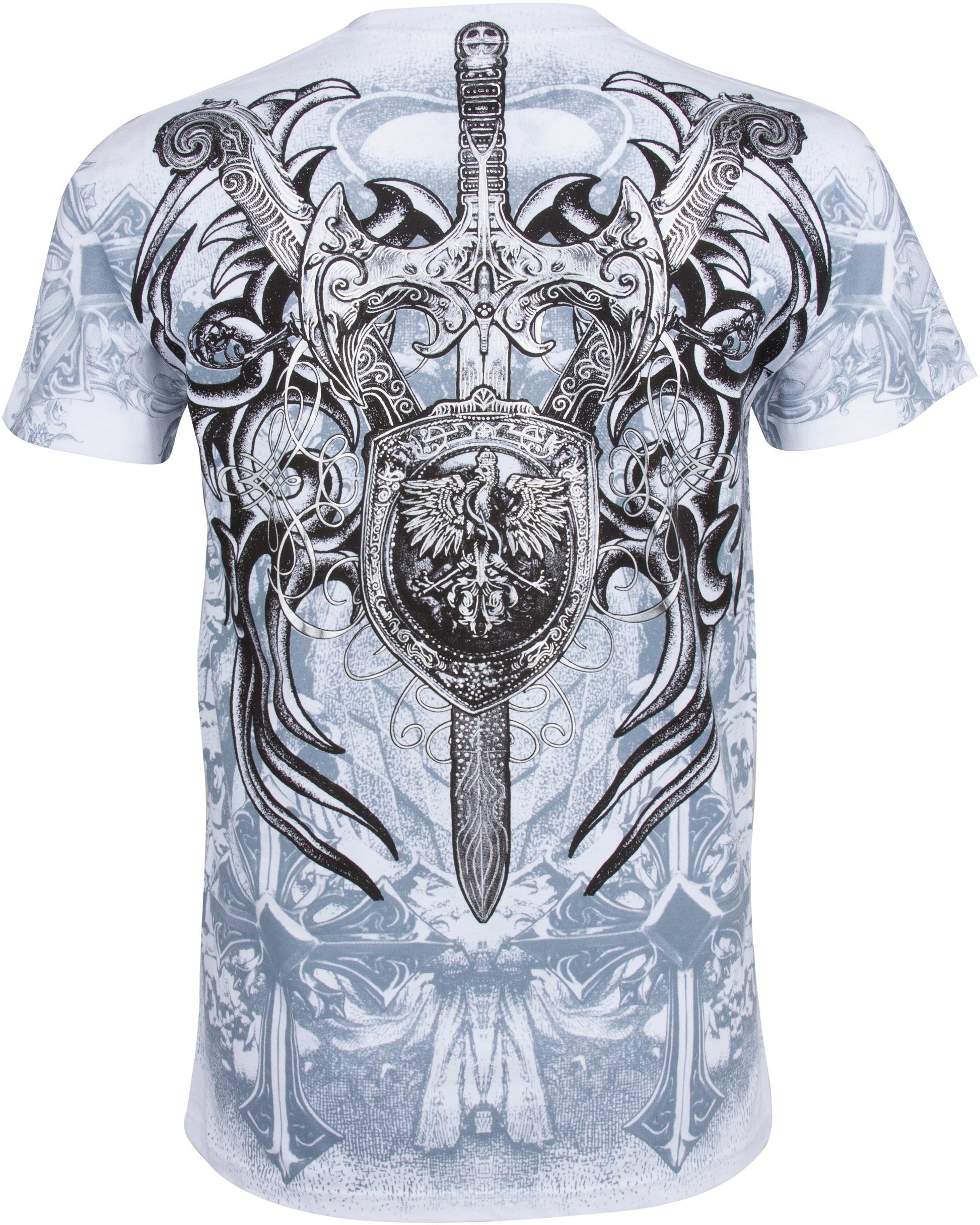 Sakkas Cross, Sword and Shield Metallic Cotton Mens T-Shirt - Concordia Style Boutique