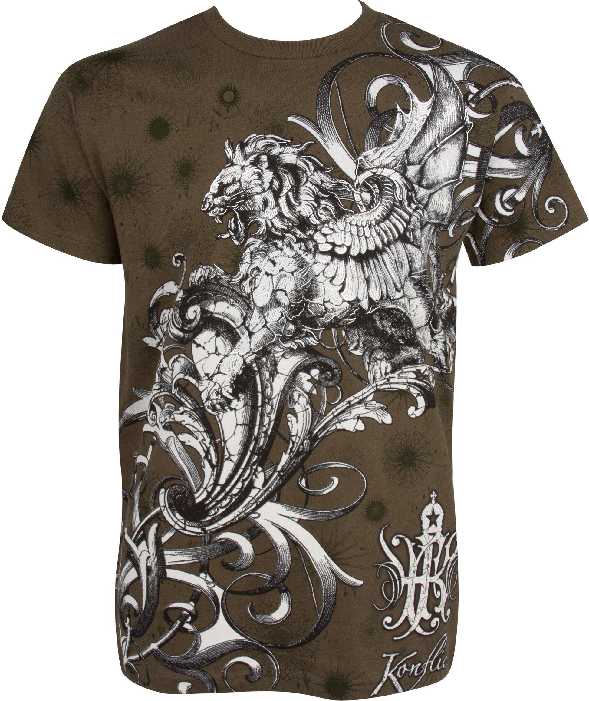 Sakkas Lion and Vines Metallic Silver Embossed Cotton Mens Fashion T-Shirt - Concordia Style Boutique