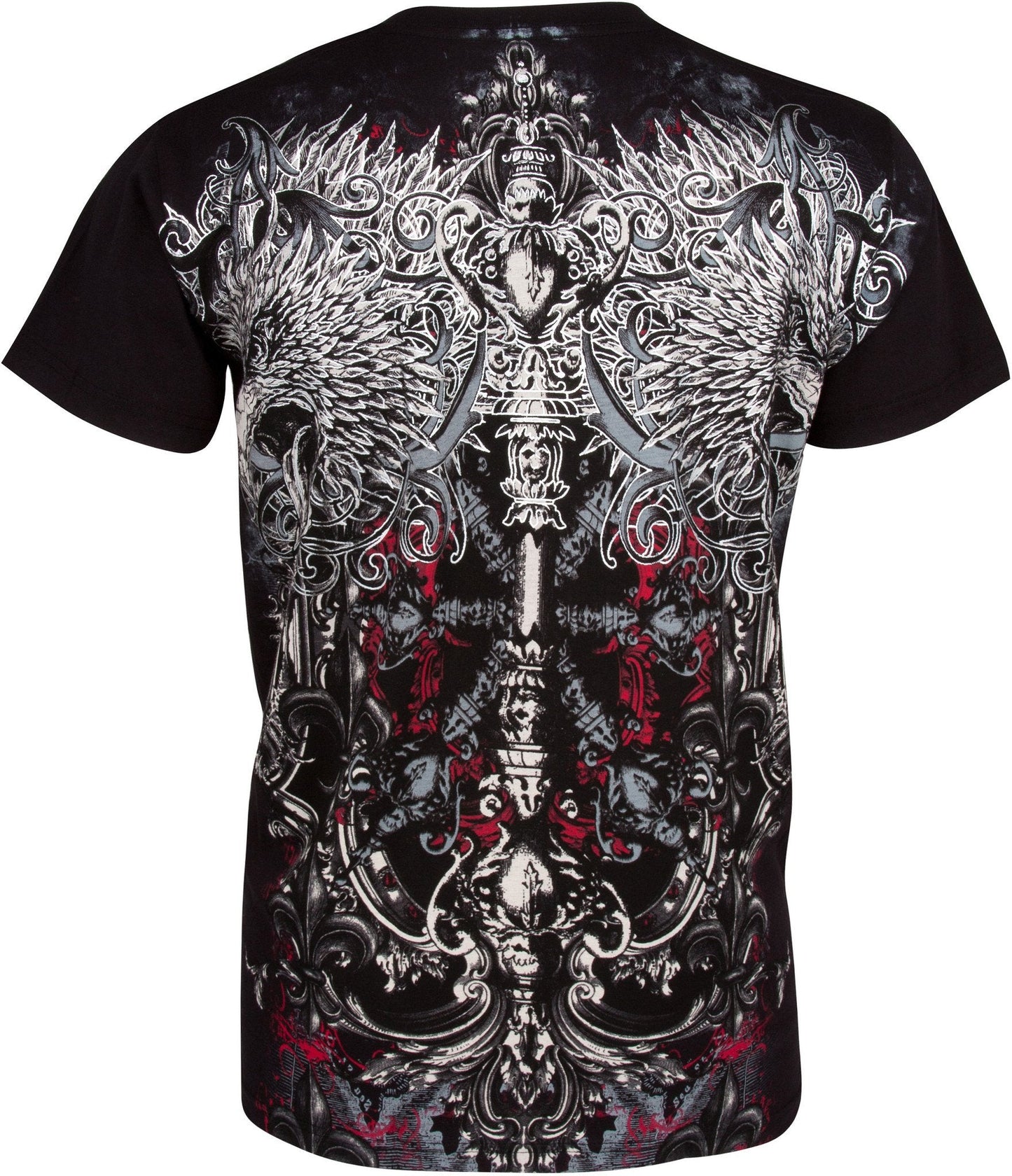 Sakkas Eagle Head and Fleur de Lis Metallic Silver Embossed Cotton Mens T-Shirt - Concordia Style Boutique