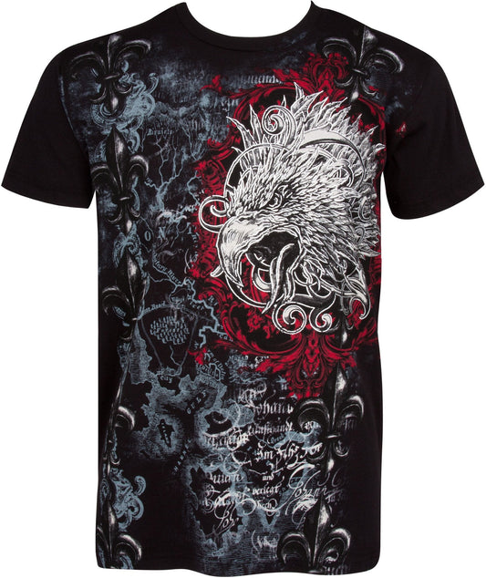 Sakkas Eagle Head and Fleur de Lis Metallic Silver Embossed Cotton Mens T-Shirt - Concordia Style Boutique