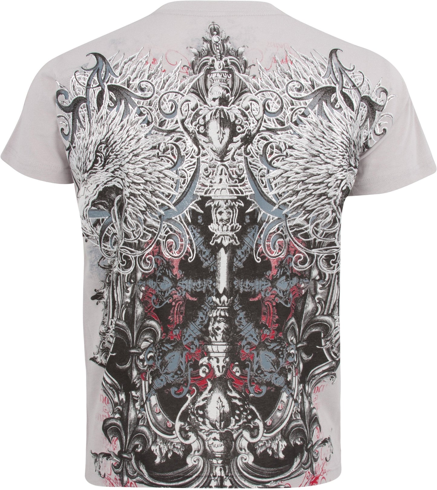 Sakkas Eagle Head and Fleur de Lis Metallic Silver Embossed Cotton Mens T-Shirt - Concordia Style Boutique