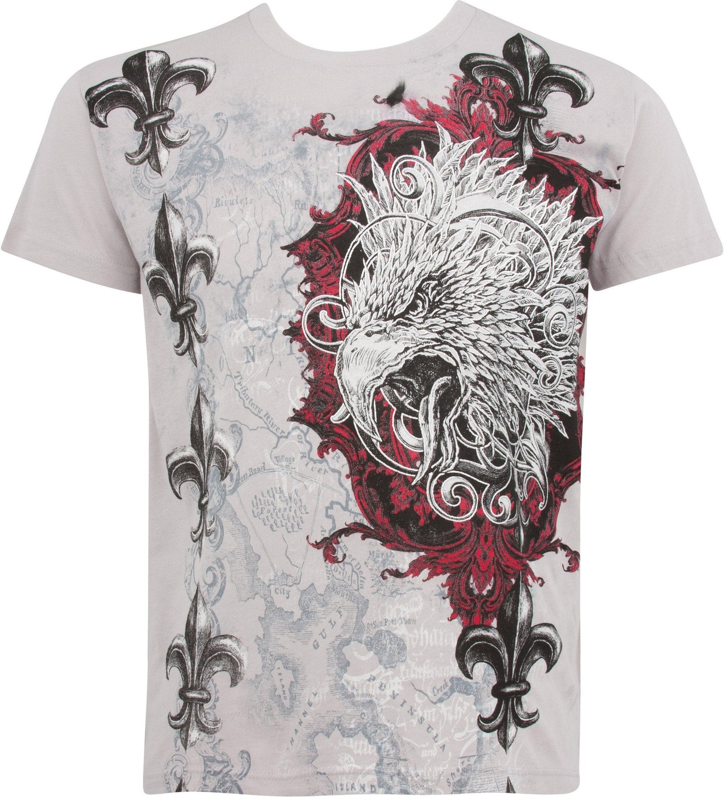 Sakkas Eagle Head and Fleur de Lis Metallic Silver Embossed Cotton Mens T-Shirt - Concordia Style Boutique