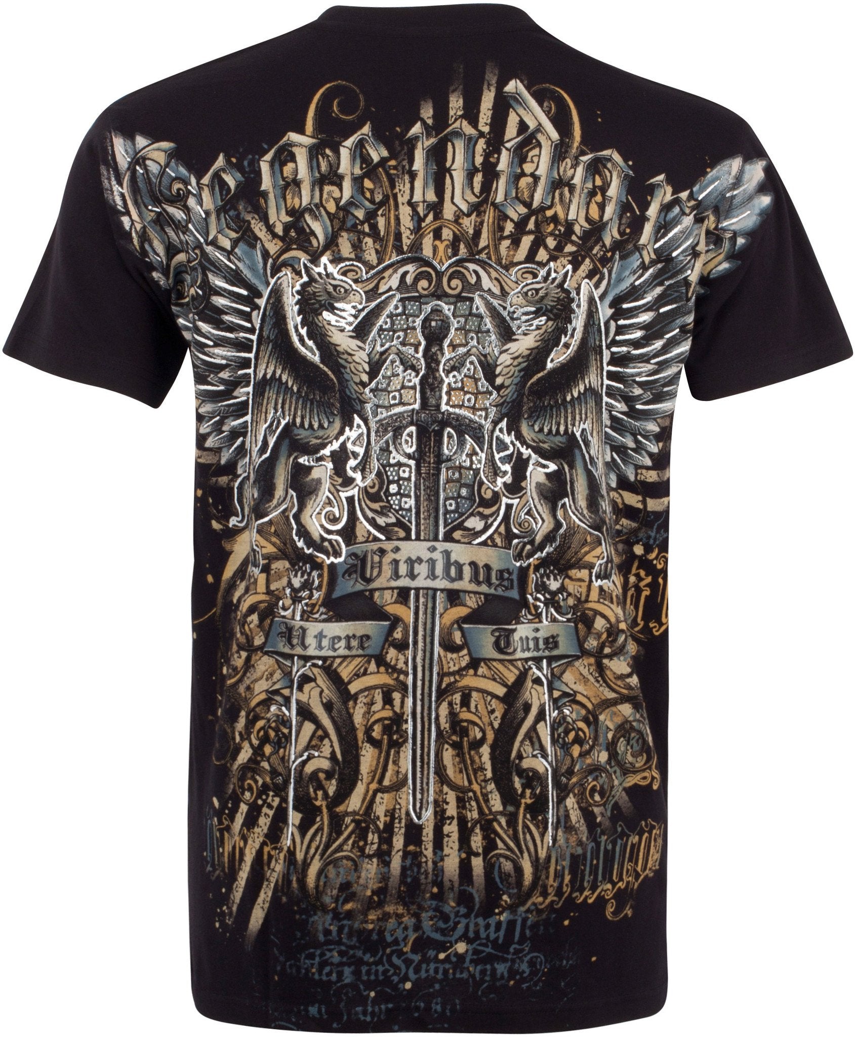 Sakkas Sword and Griffin Metallic Silver Embossed Cotton Mens Fashion T-shirt - Concordia Style Boutique